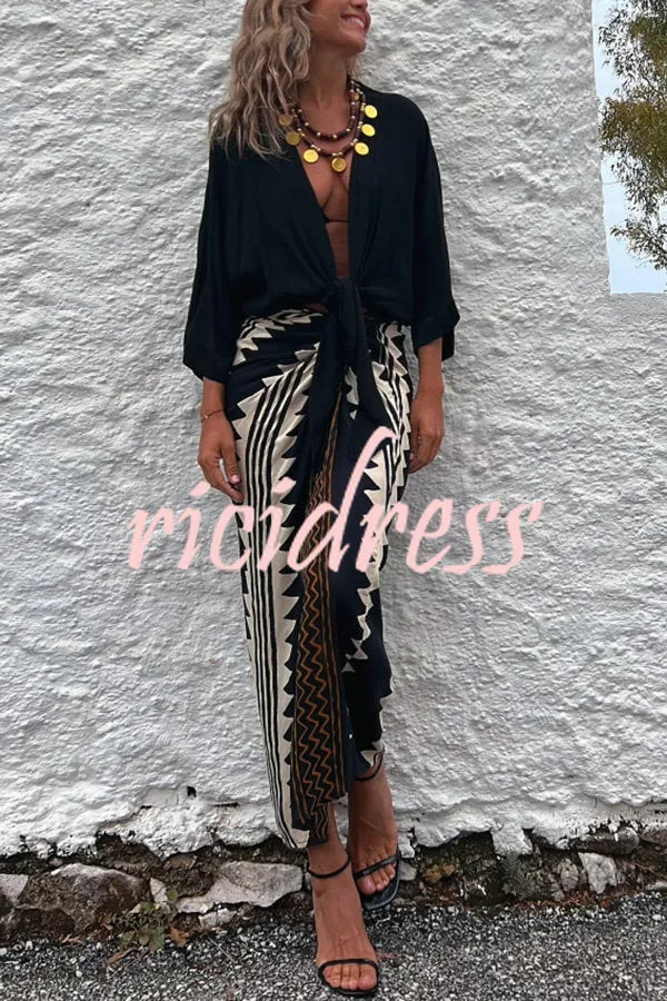 Astra Ethnic Print High Waist Ruched Wrap Maxi Skirt