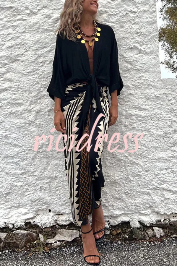 Astra Ethnic Print High Waist Ruched Wrap Maxi Skirt