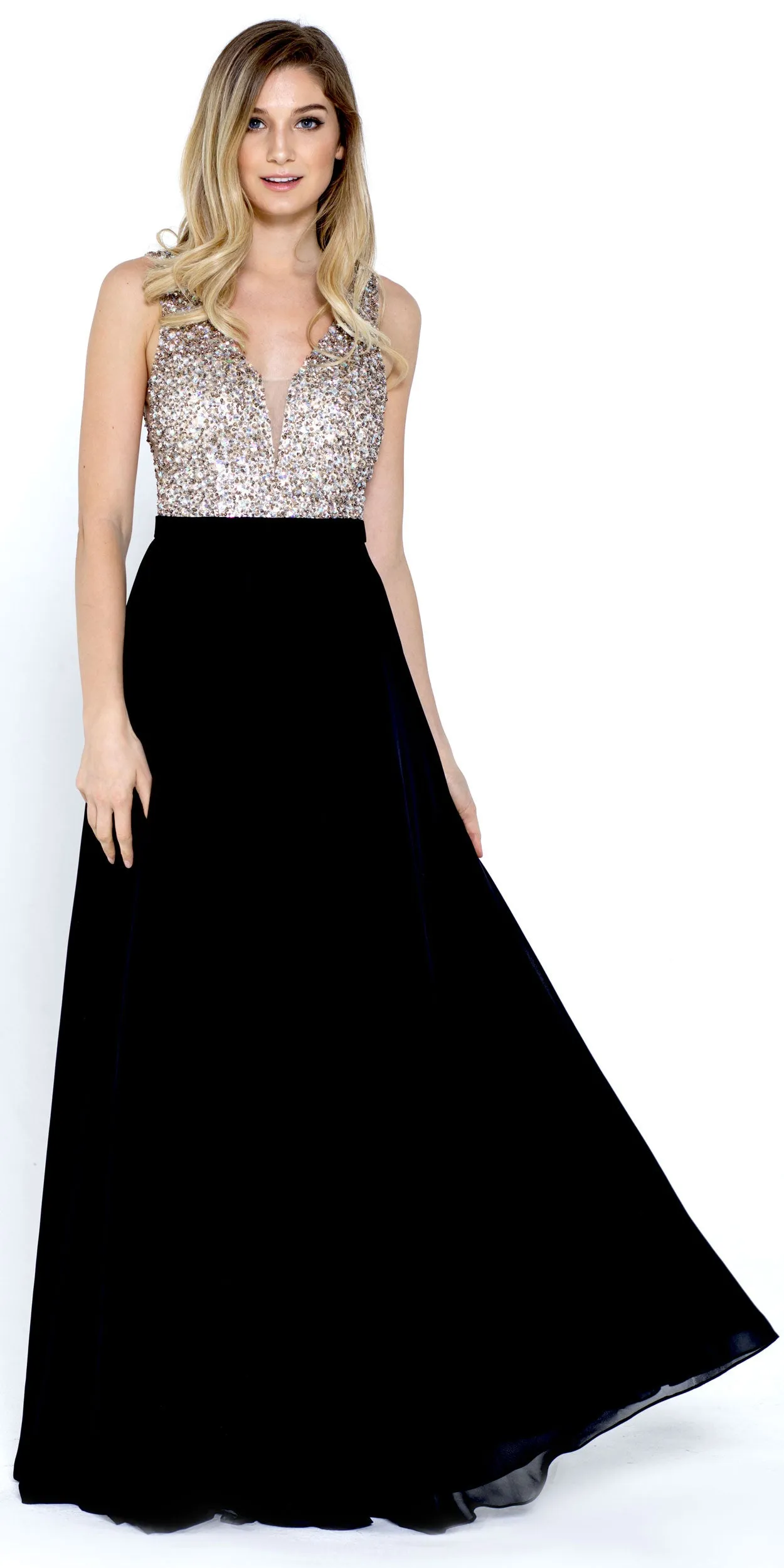 Bejeweled Bodice V-Neck Sleeveless Long Prom Dress