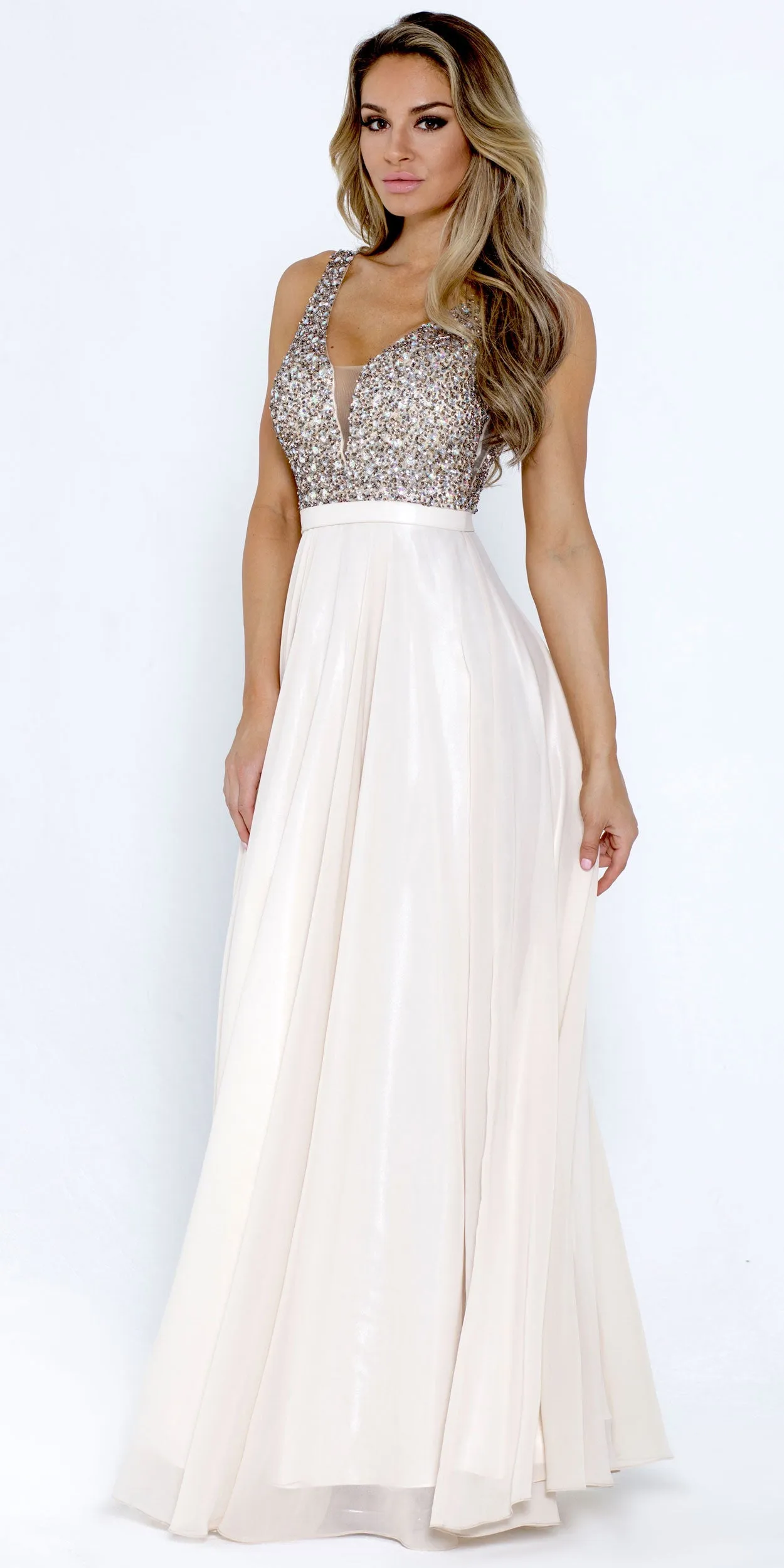 Bejeweled Bodice V-Neck Sleeveless Long Prom Dress