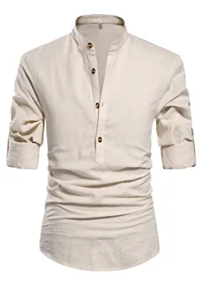 NITAGUT Men Henley Neck Long Sleeve Daily Look Linen Shirts Casual Beach T Shirts Beige-US XL
