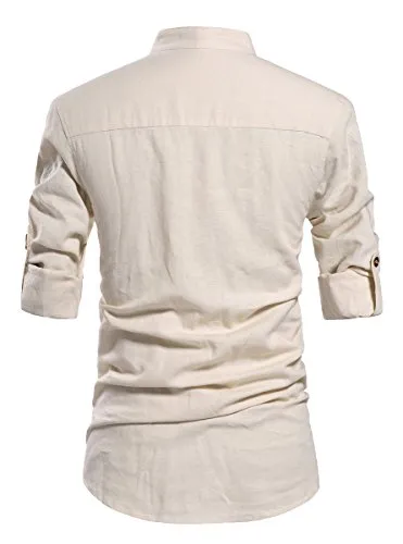 NITAGUT Men Henley Neck Long Sleeve Daily Look Linen Shirts Casual Beach T Shirts Beige-US XL