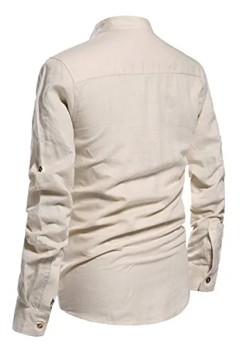 NITAGUT Men Henley Neck Long Sleeve Daily Look Linen Shirts Casual Beach T Shirts Beige-US XL