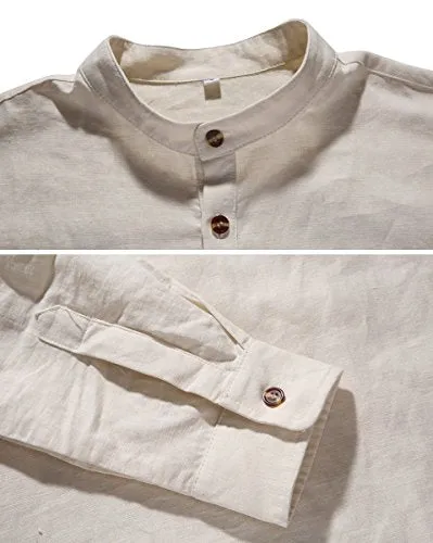 NITAGUT Men Henley Neck Long Sleeve Daily Look Linen Shirts Casual Beach T Shirts Beige-US XL