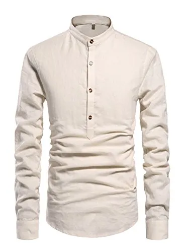 NITAGUT Men Henley Neck Long Sleeve Daily Look Linen Shirts Casual Beach T Shirts Beige-US XL
