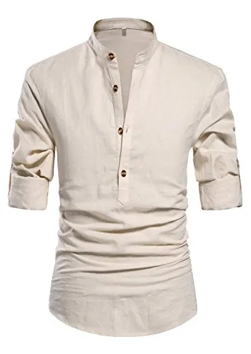 NITAGUT Men Henley Neck Long Sleeve Daily Look Linen Shirts Casual Beach T Shirts Beige-US XL
