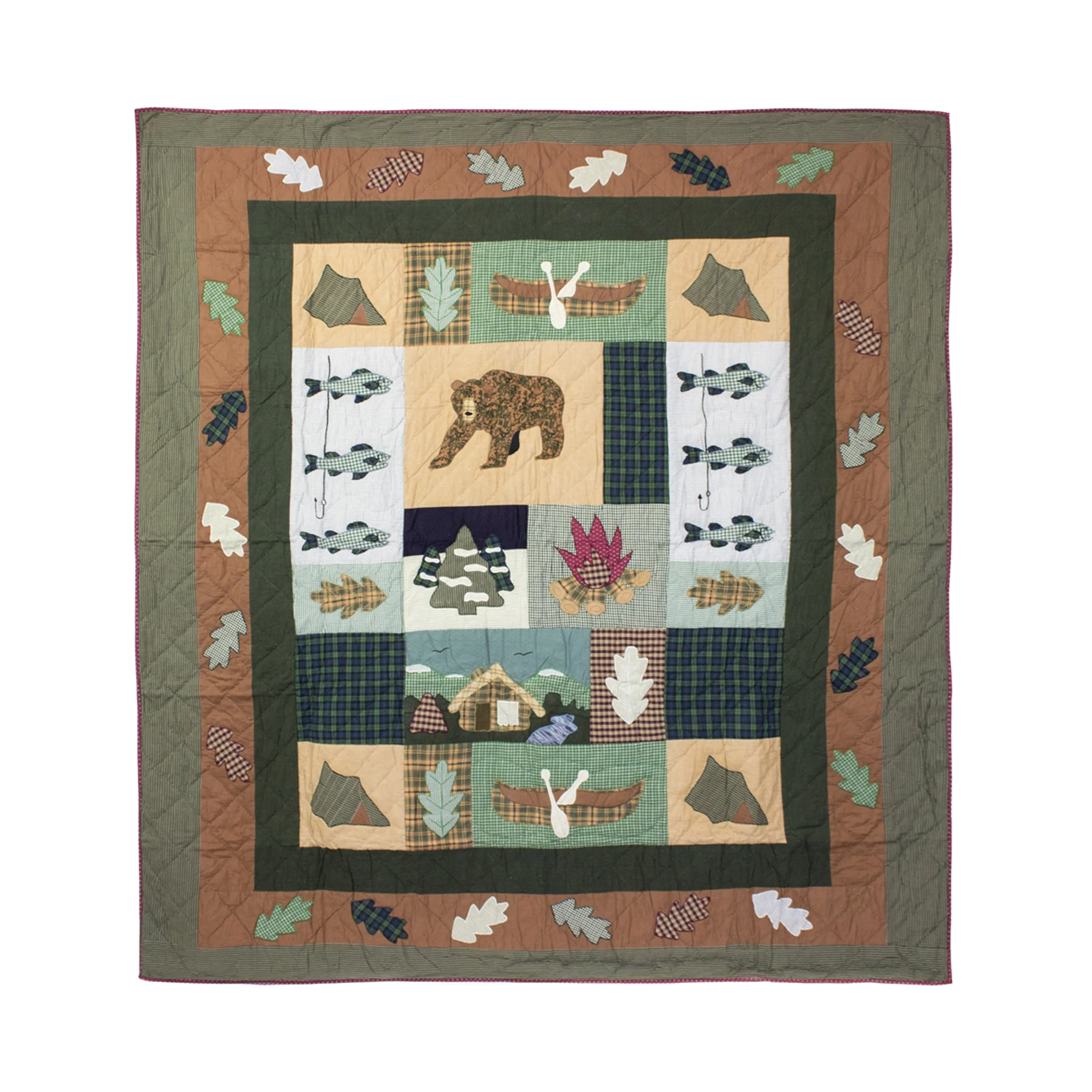 Quilted Cabin Quilt, Hand cut and Appliqued cotton fabric motifs.