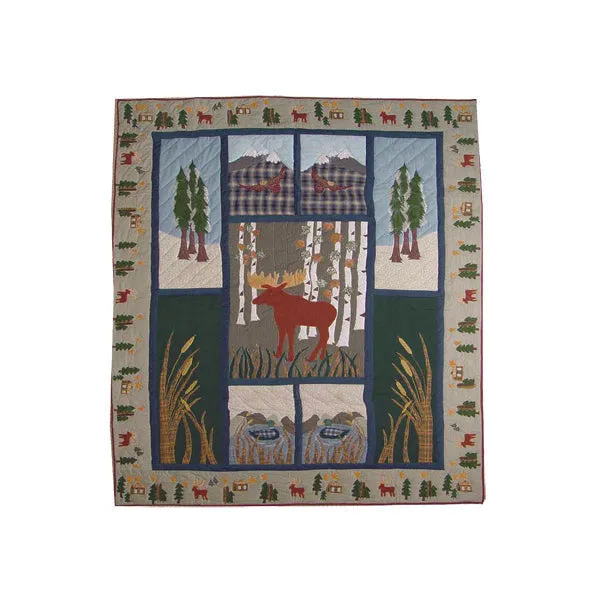 Quilted Moose Quilt, Hand cut and Appliqued cotton fabric motifs.