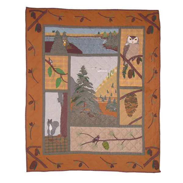 Quilted Pinecones Quilt, Hand cut and Appliqued cotton fabric motifs.