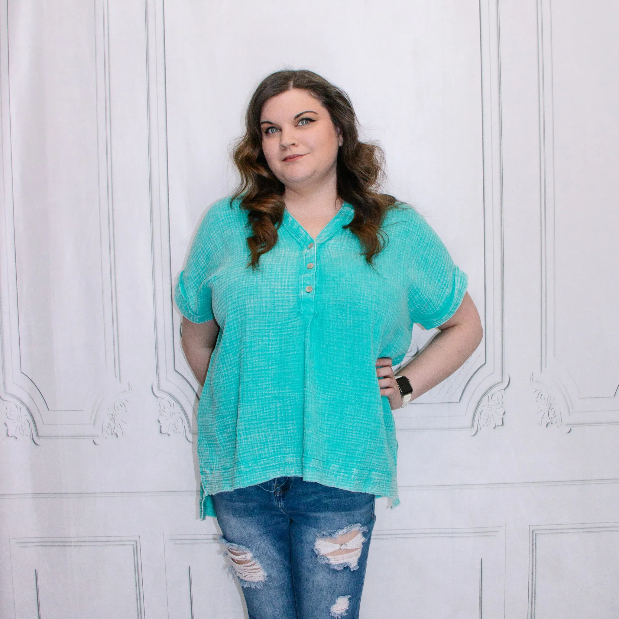 TEAL WASHED DOUBLE GAUZE 3/4 BUTTON HENLEY NECK SHIRT
