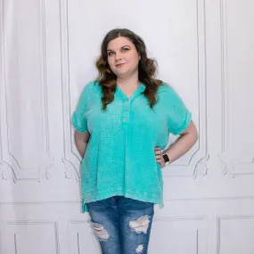 TEAL WASHED DOUBLE GAUZE 3/4 BUTTON HENLEY NECK SHIRT