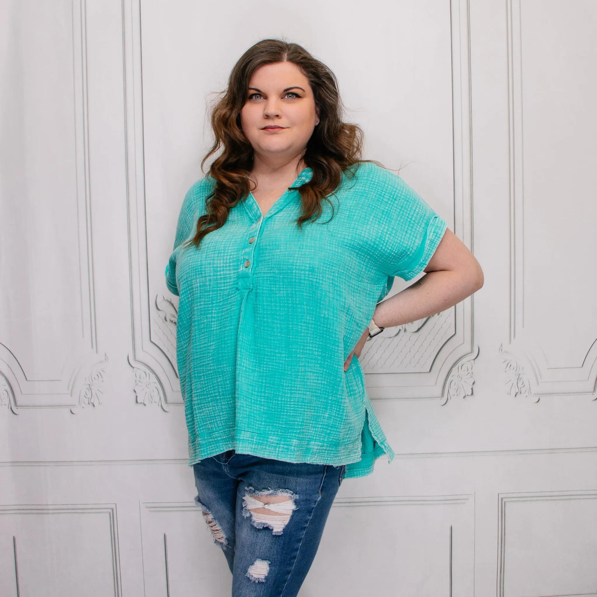 TEAL WASHED DOUBLE GAUZE 3/4 BUTTON HENLEY NECK SHIRT