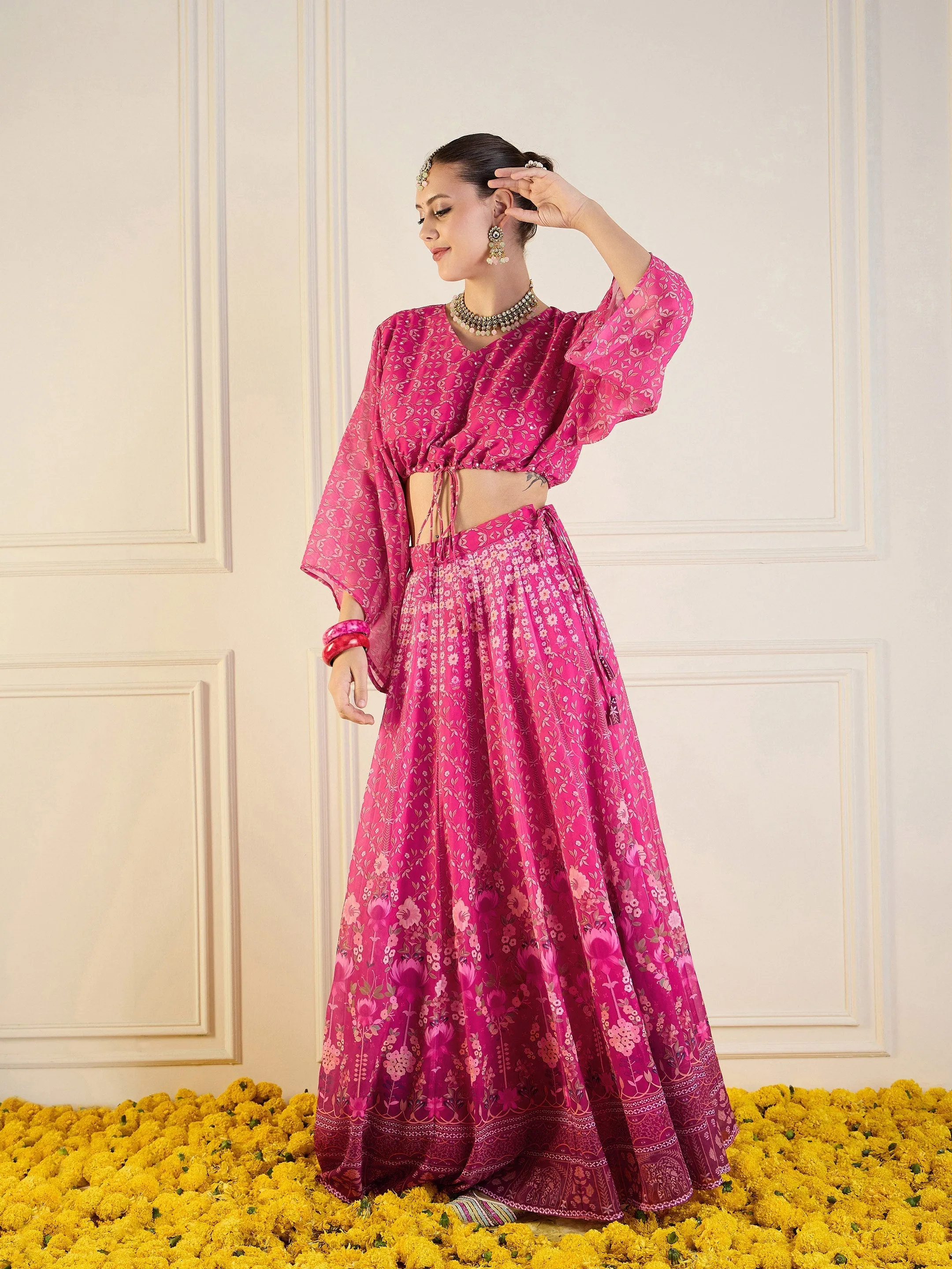 Women Pink Floral Anarkali Skirt With Crop Top