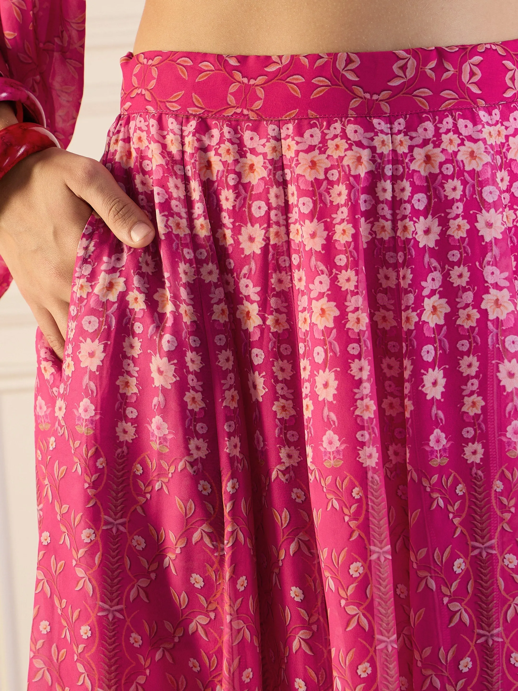 Women Pink Floral Anarkali Skirt With Crop Top