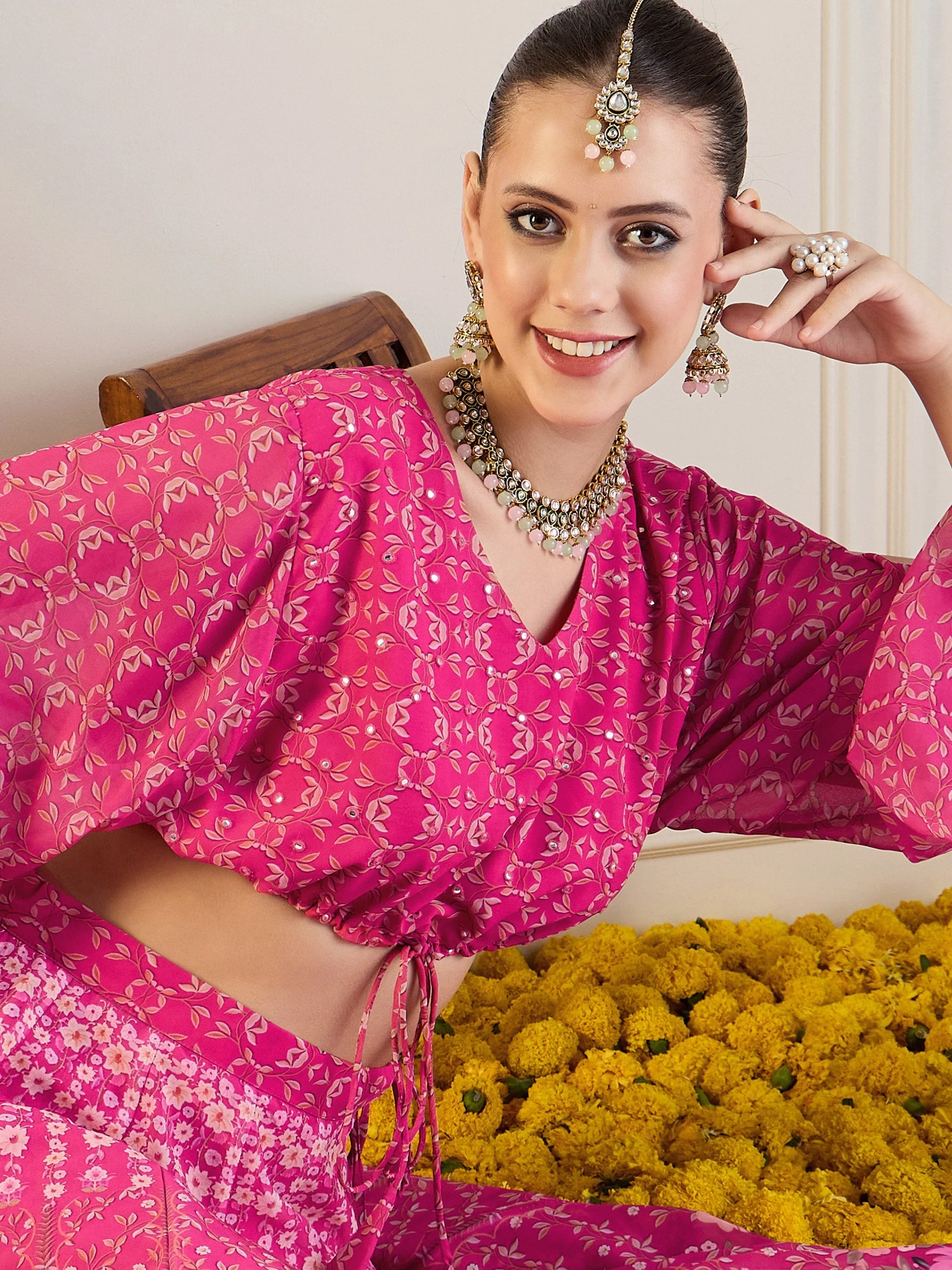 Women Pink Floral Anarkali Skirt With Crop Top