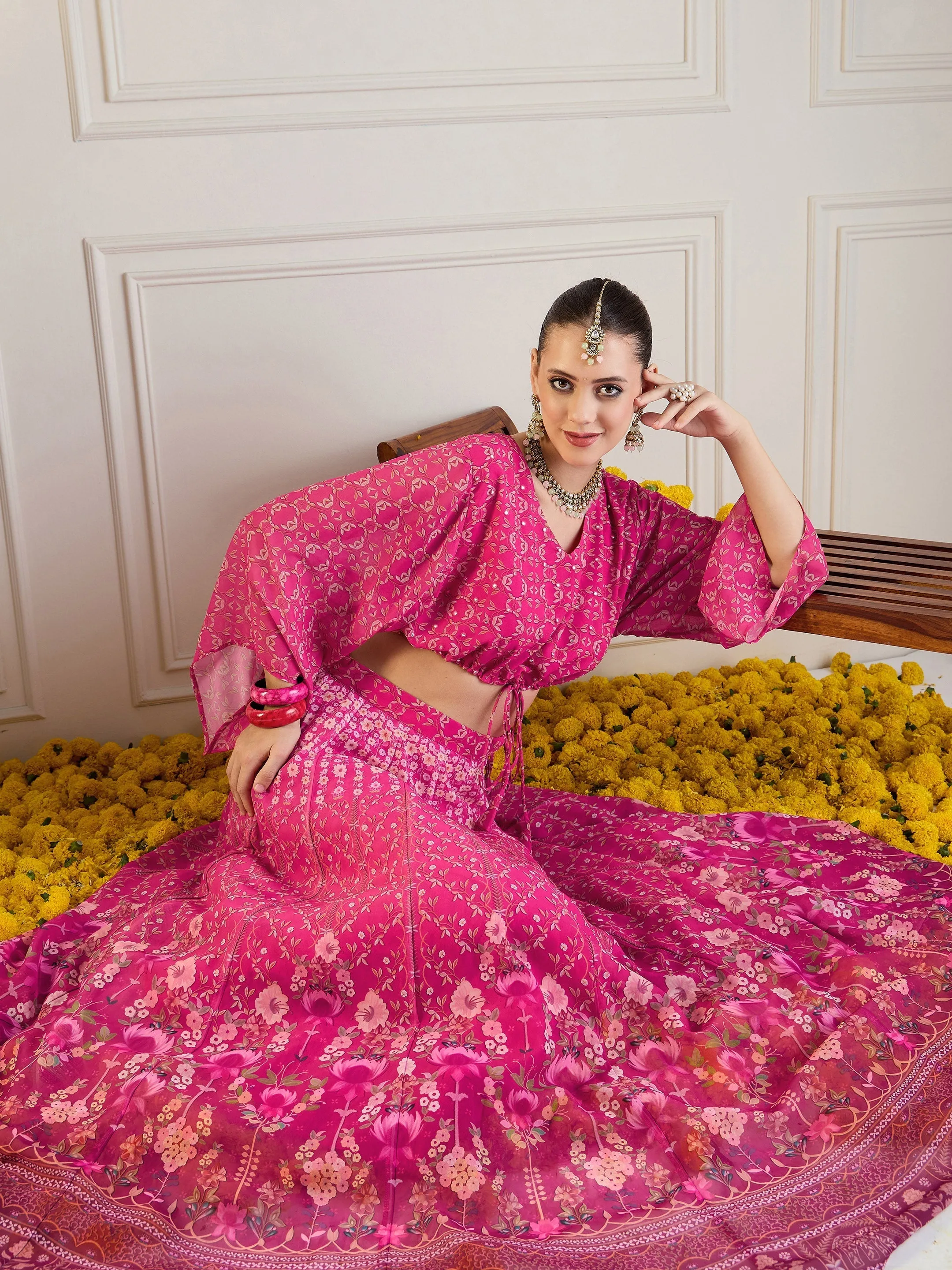 Women Pink Floral Anarkali Skirt With Crop Top