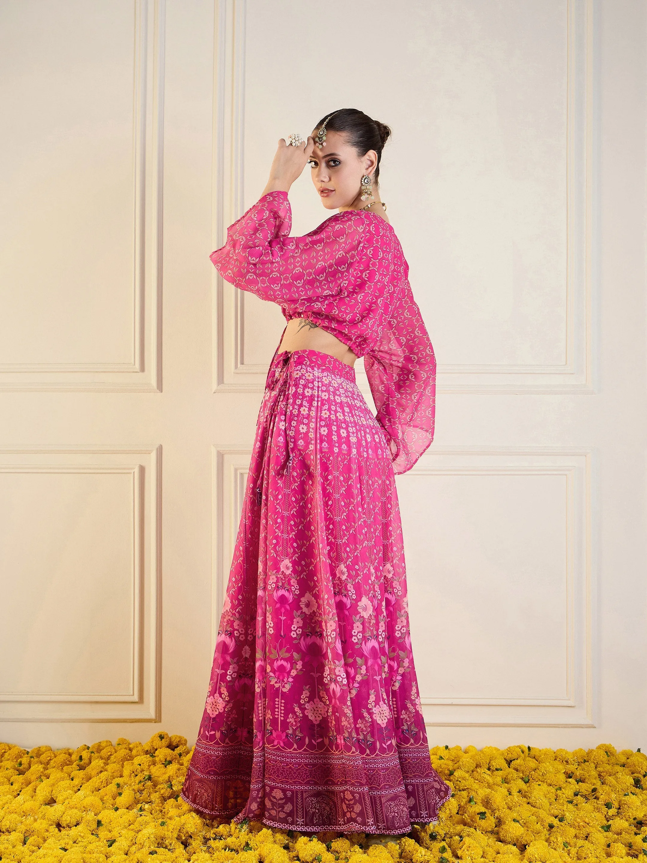 Women Pink Floral Anarkali Skirt With Crop Top